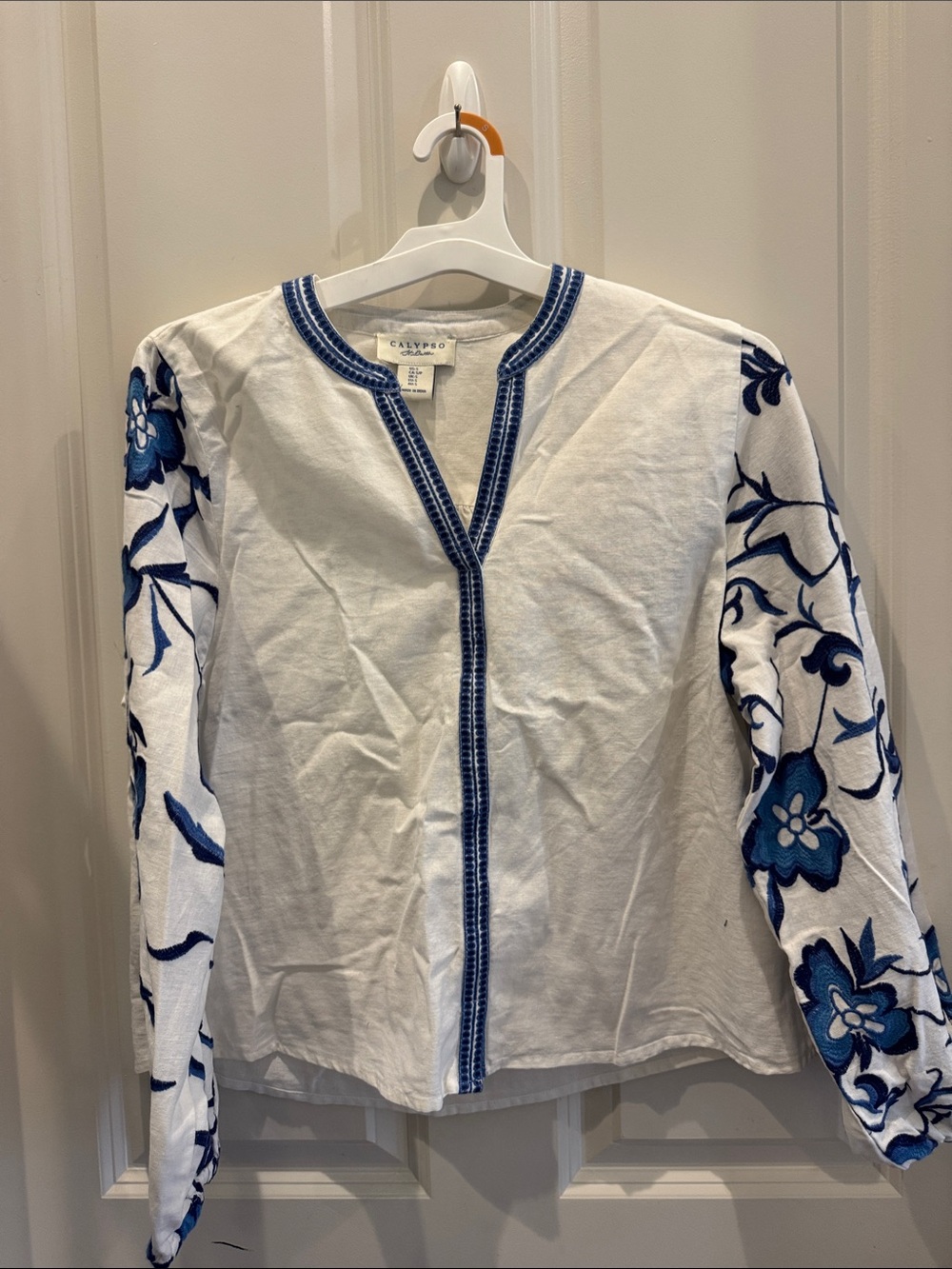 Calypso St. Barth White Blouse with Blue Floral Embroidered Sleeves